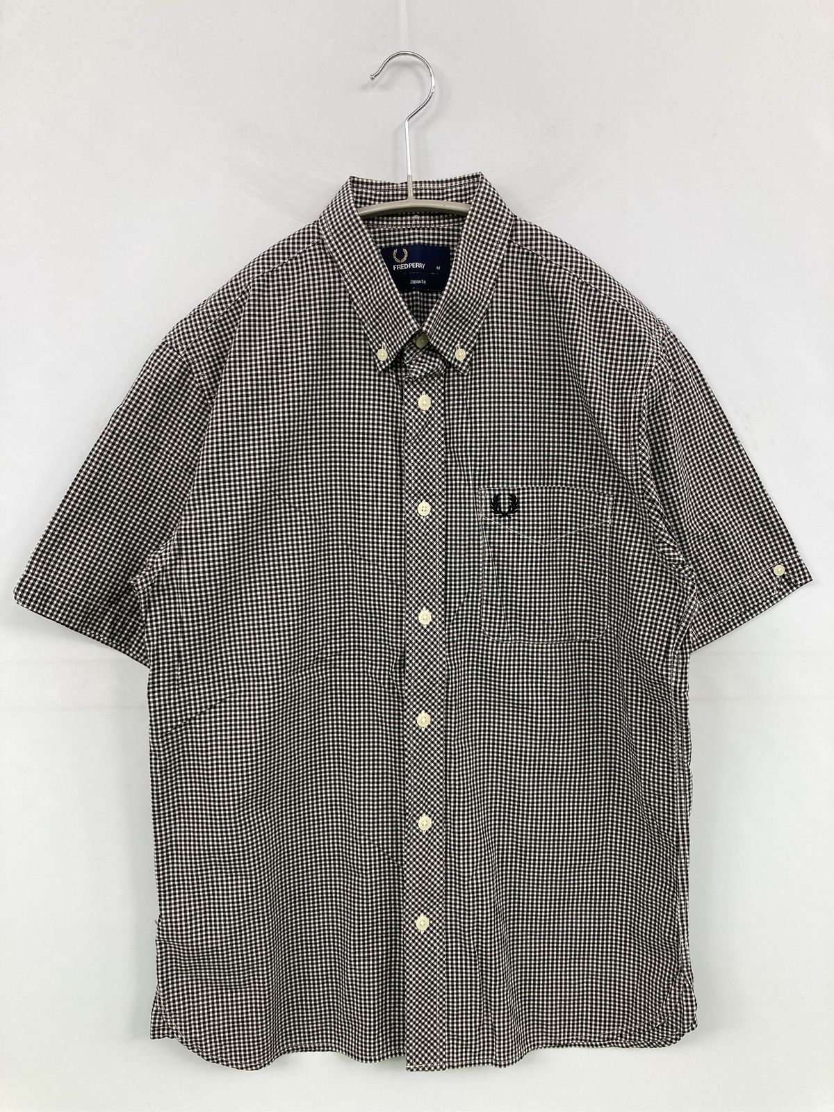 FRED PERRY フレッドペリー シャツ/ブラウス M ブラック コットン チェック柄 ワンポイント ブランドロゴ ミドル丈 半袖 ボタンダウン