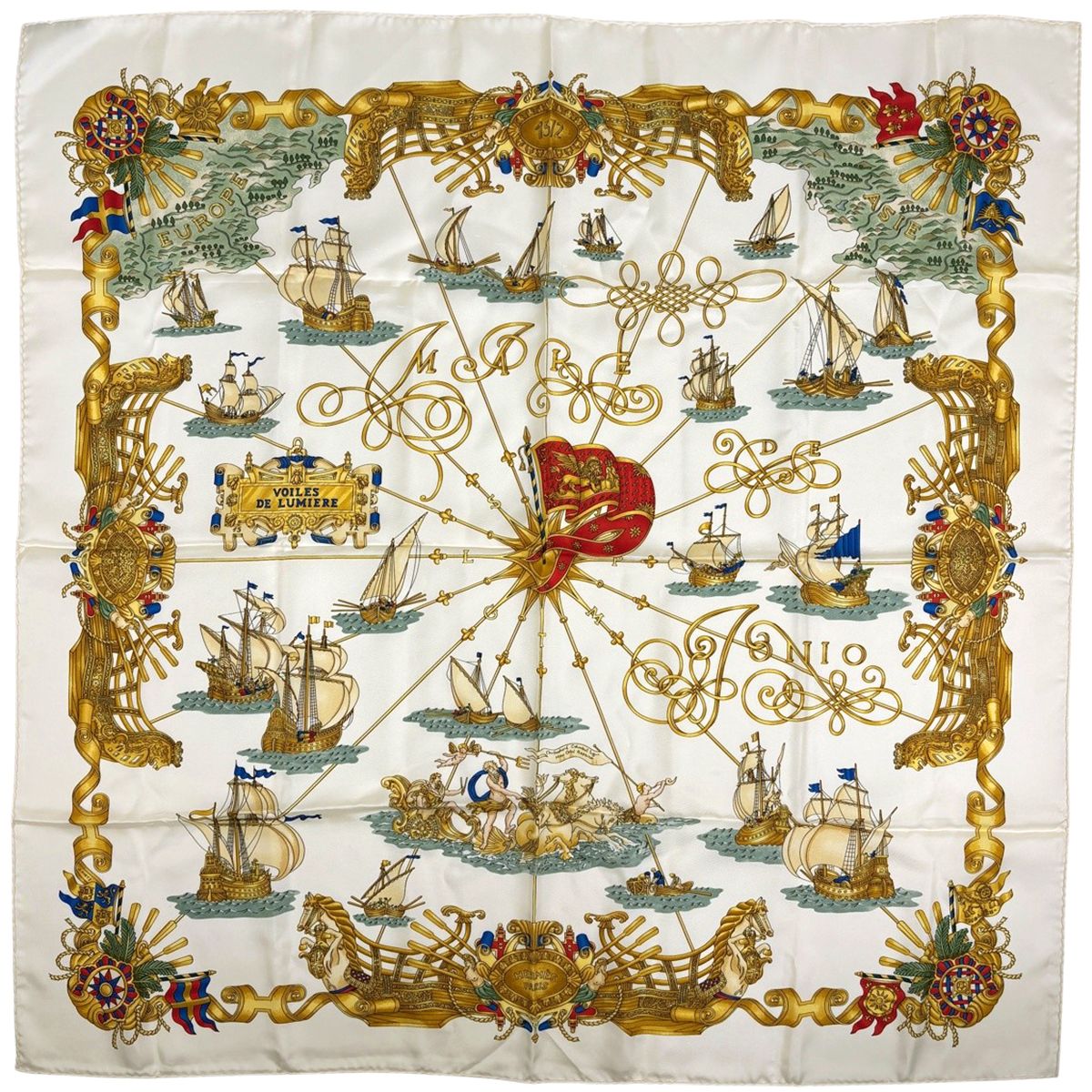 エルメス HERMES カレ90 VOILES DE LUMIERE 光の帆船 スカーフ シルク ホワイト マルチカラー レディース 【中古】