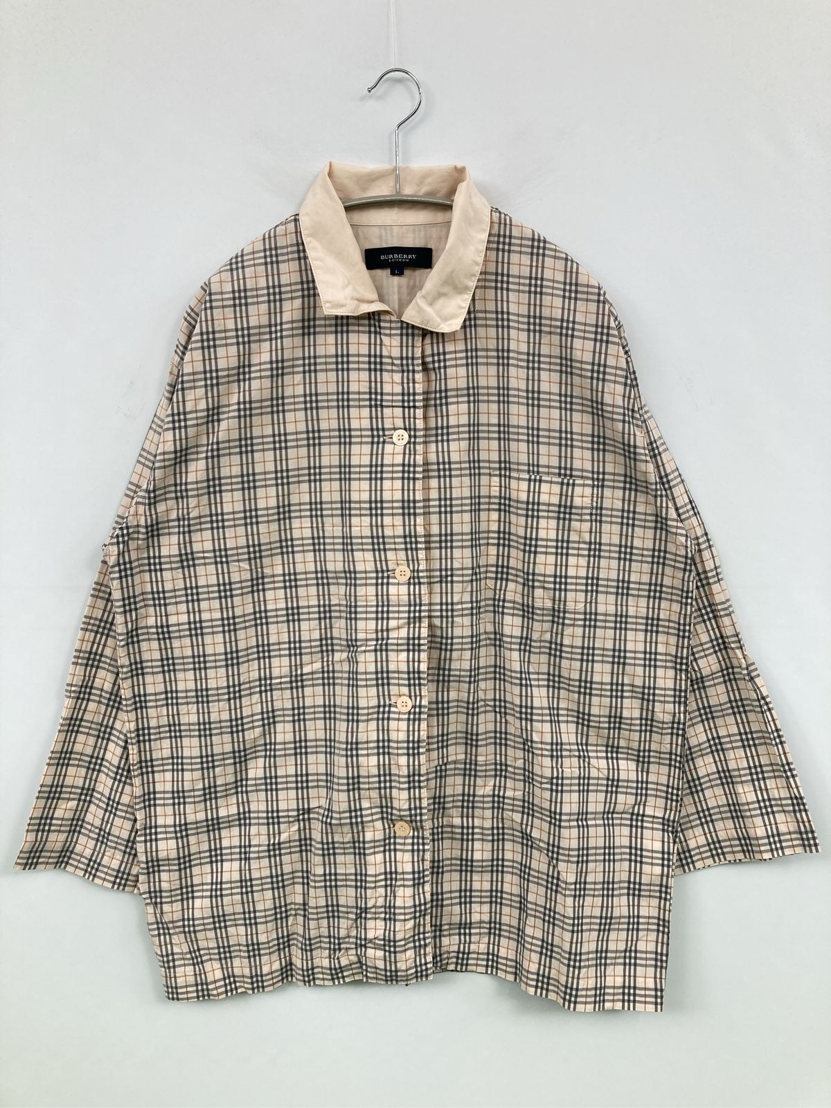 BURBERRY LONDON バーバリーロンドン シャツ/ブラウス L ベージュ コットン 無地 チェック柄 ミドル丈 半端袖 レギュラーカラー