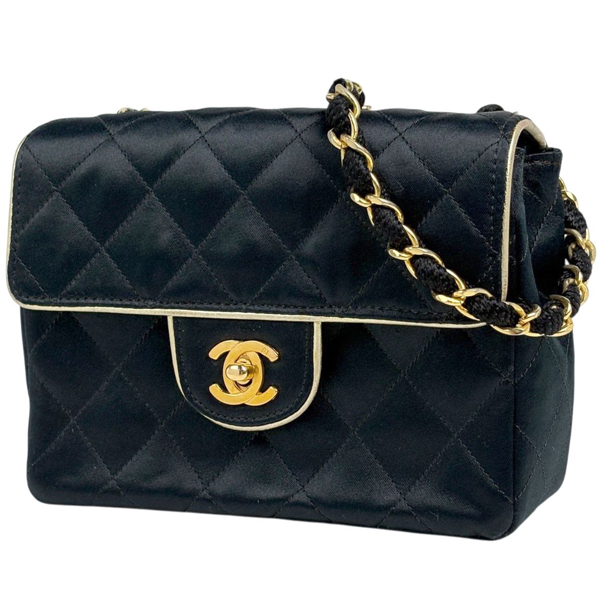 シャネル CHANEL ミニ マトラッセ シングルフラップ チェーン ショルダーバッグ ココマーク サテン ブラック レディース 【中古】