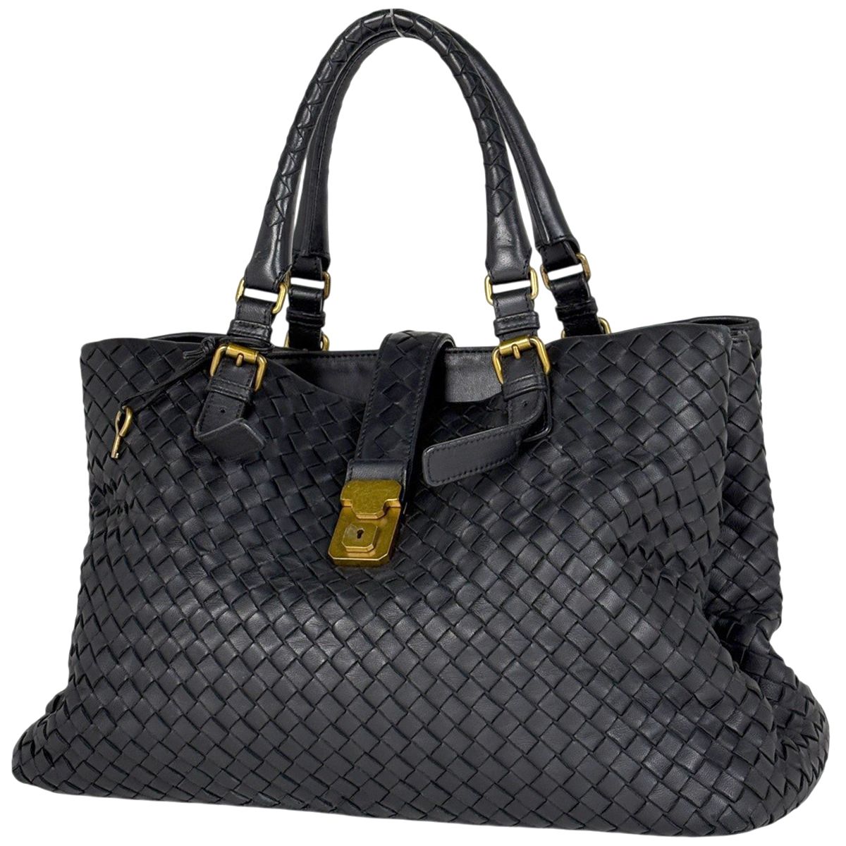 ボッテガヴェネタ BOTTEGAVENETA イントレチャート ローマバッグ ハンドバッグ レザー ブラック 171265 レディース 【中古】