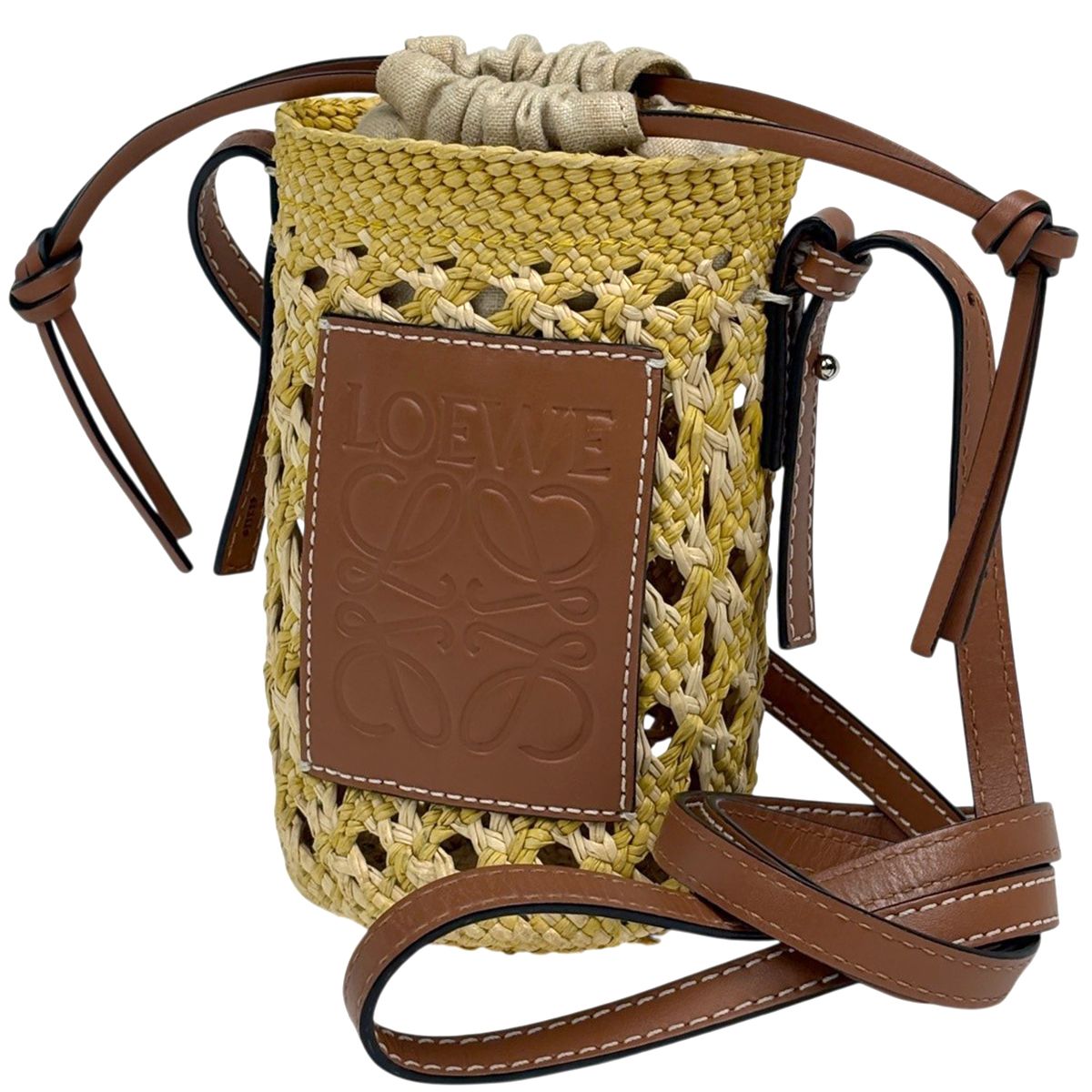 ロエベ LOEWE シリンダーポケット ショルダーバッグ アナグラム ラフィア イエロー ブラウン C000P71X01 レディース 【中古】