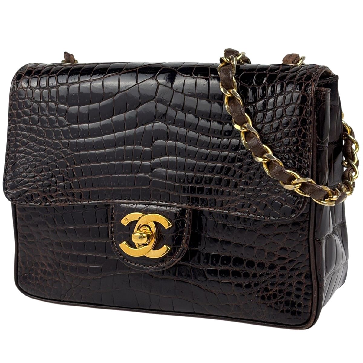 シャネル CHANEL ミニ マトラッセ シングルフラップ チェーン ショルダーバッグ ココマーク ショルダーバッグ クロコダイル ダークブラウン レディース 【中古】