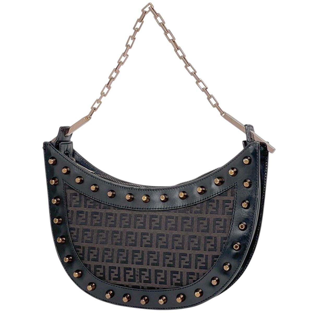 フェンディ FENDI ズッキーノ柄 チェーン ショルダーバッグ スタッズ キャンバス ブラウン 8BR063011 レディース 【中古】