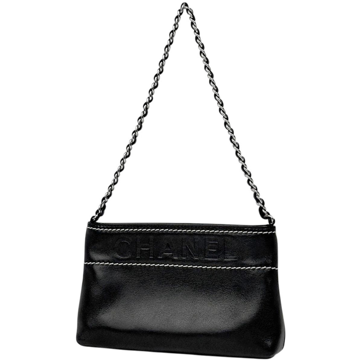 シャネル CHANEL ロゴ チェーン ハンドバッグ ポーチ レザー ブラック レディース 【中古】