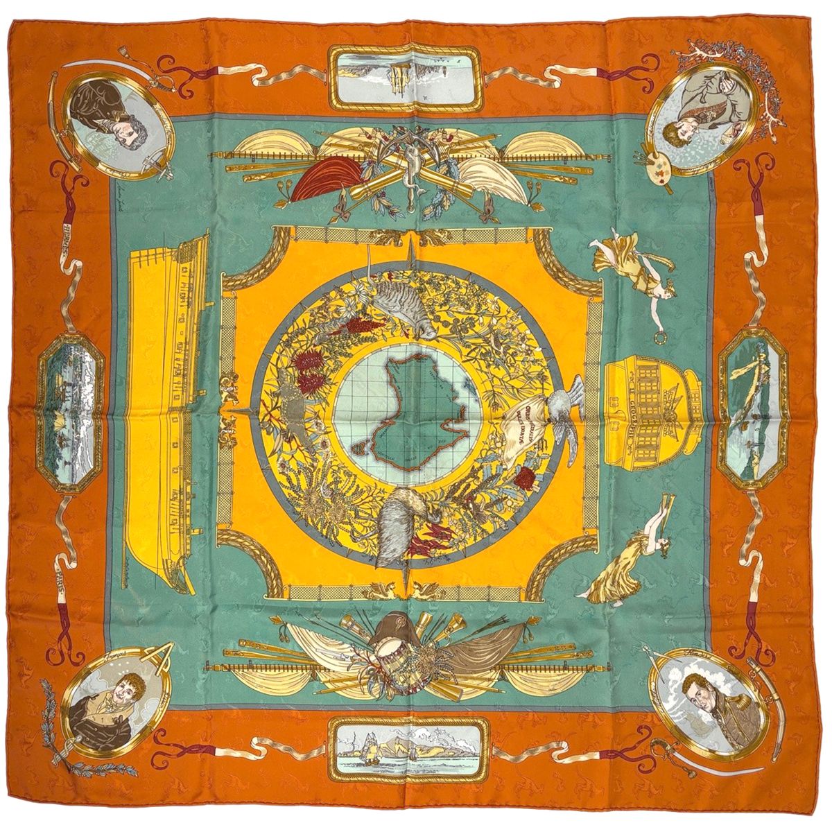 エルメス HERMES カレ90 LE GEOGRAPHE 地理学者 スカーフ シルク オレンジ マルチカラー レディース 【中古】