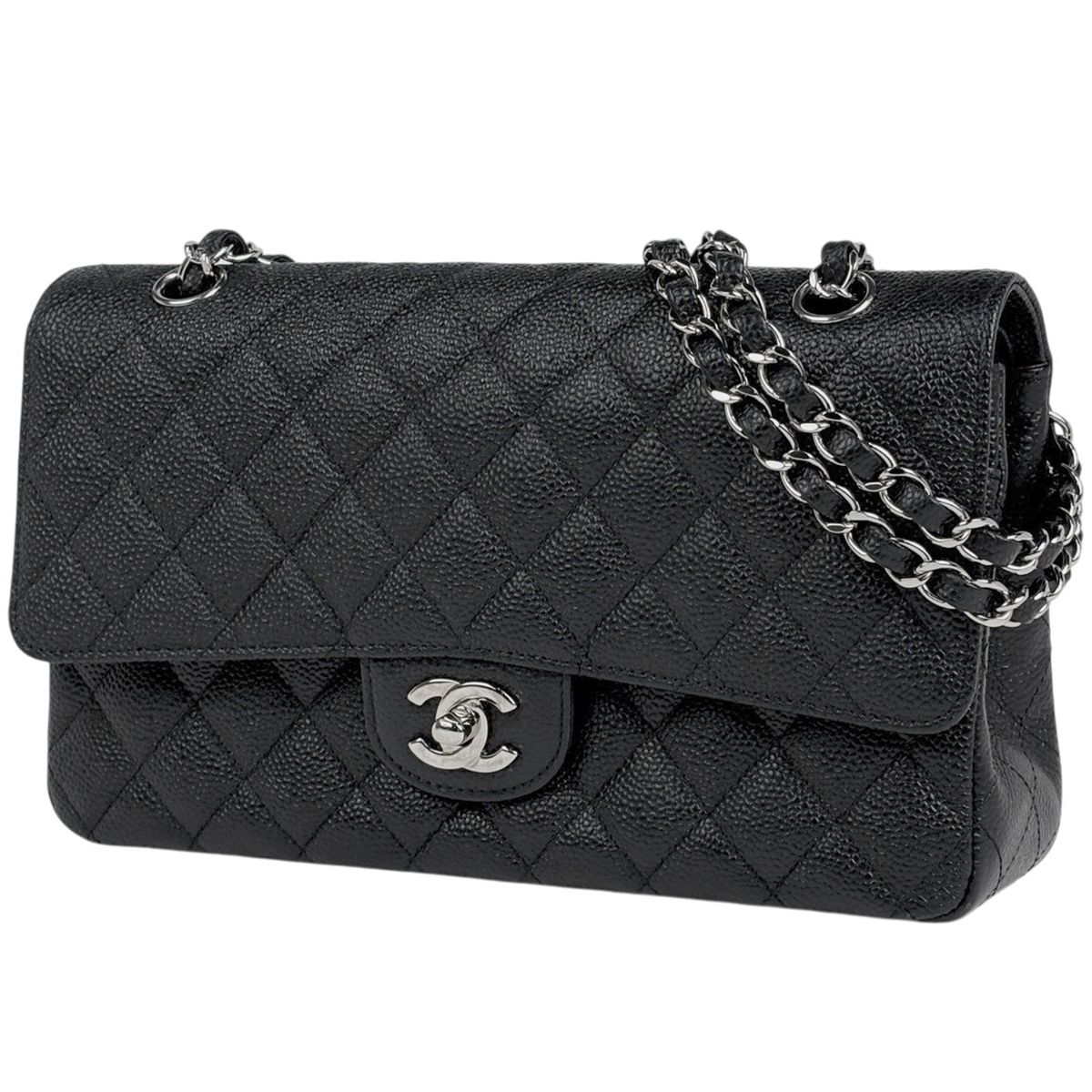 シャネル CHANEL マトラッセ Wフラップ チェーン ショルダーバッグ ココマーク キャビアスキン ブラック A01112 レディース 【中古】