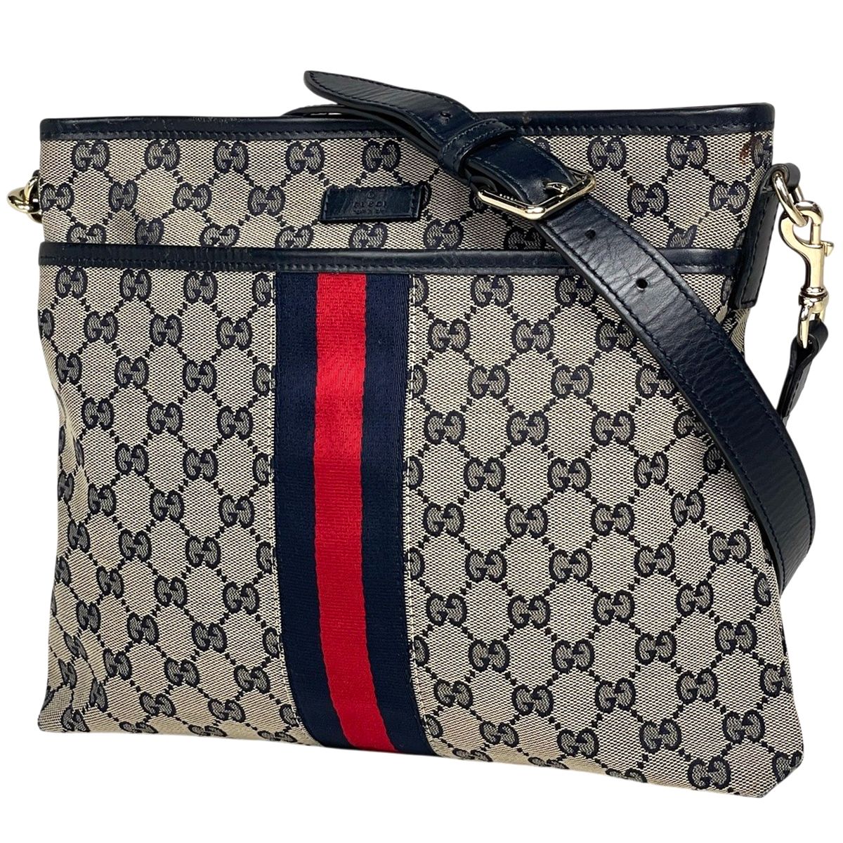 グッチ GUCCI GG柄 ショルダーバッグ シェリーライン ウェブ GGキャンバス ネイビー ベージュ 388926 レディース 【中古】