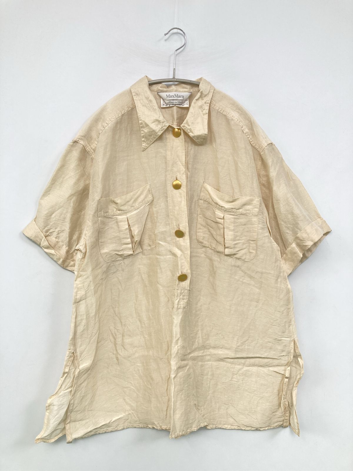 MaxMara マックスマーラ シャツ/ブラウス 40 ベージュ リネン・麻 シルク 無地 半袖 レギュラーカラー ミドル丈