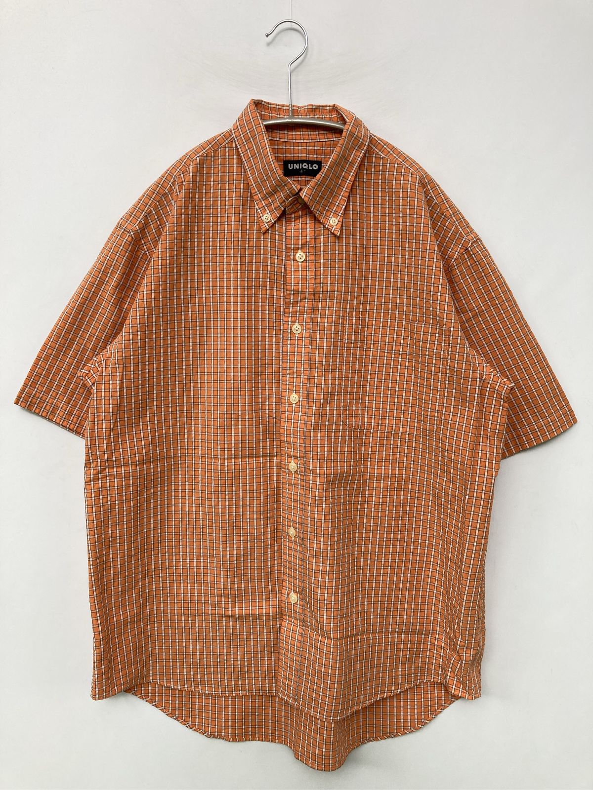 UNIQLO ユニクロ シャツ/ブラウス L オレンジ コットン チェック柄 ロング丈 半袖 ボタンダウン