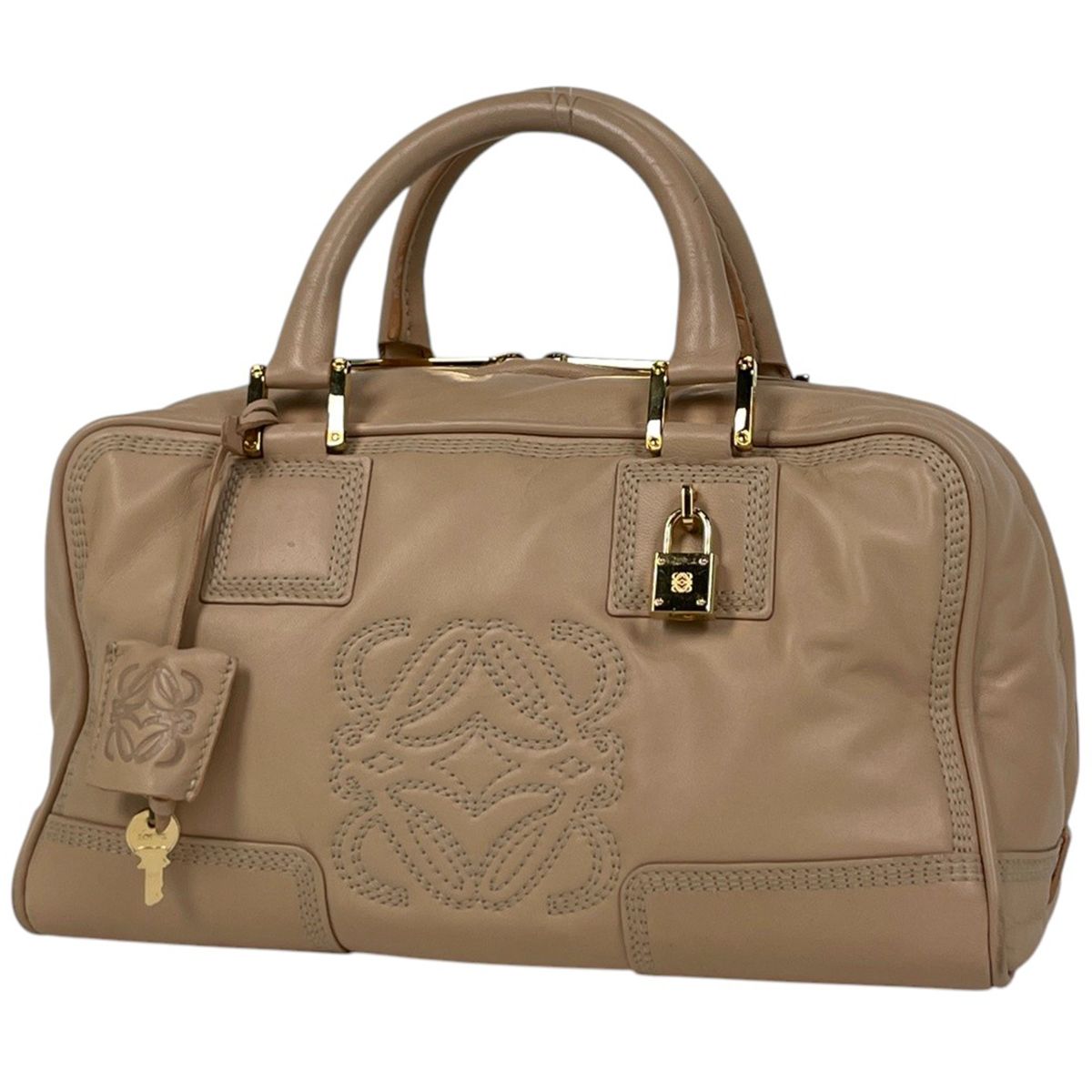 ロエベ LOEWE アマソナ28 アナグラム ハンドバッグ レザー ベージュ レディース 【中古】
