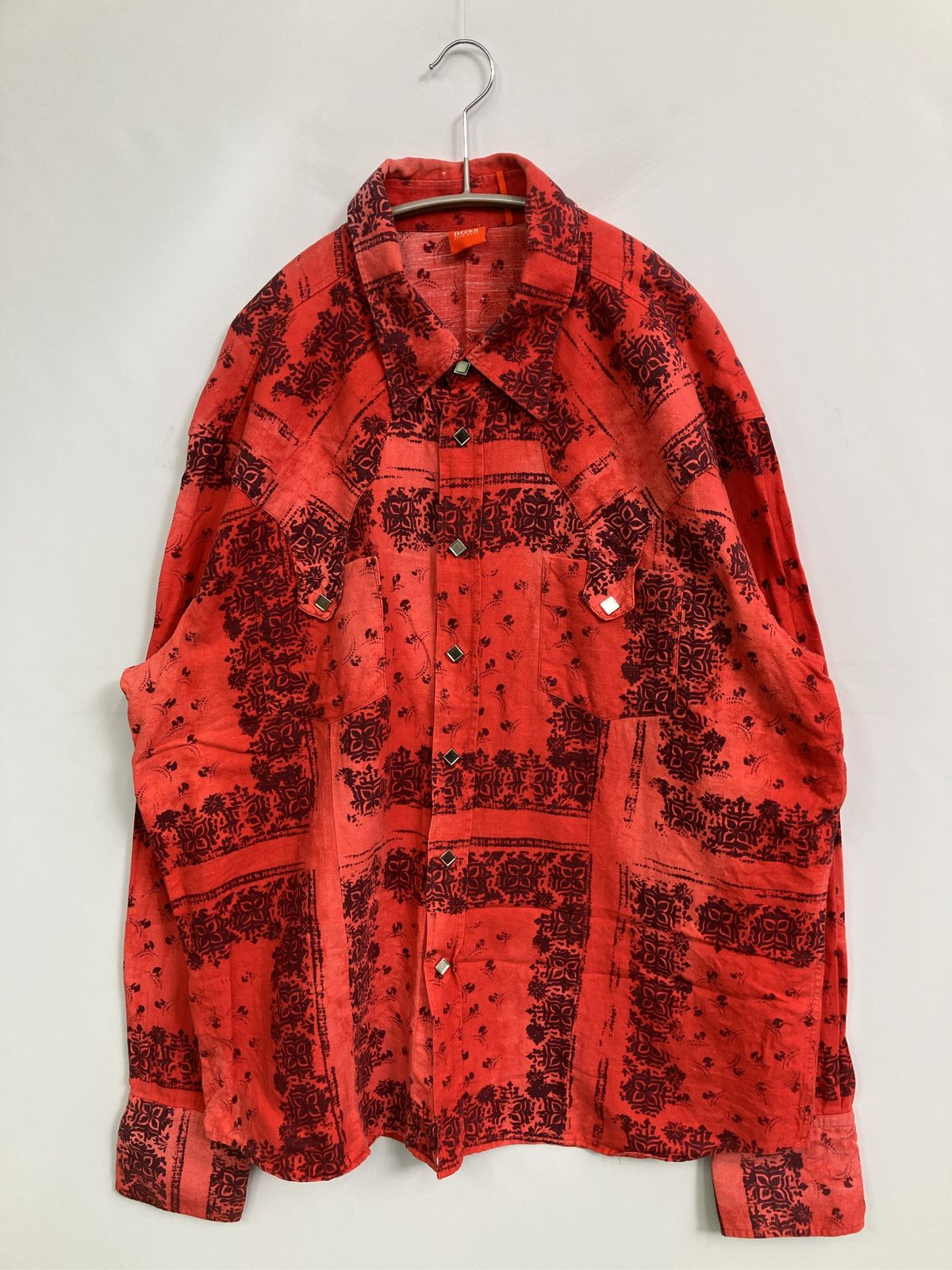 HUGO BOSS ヒューゴボス シャツ/ブラウス XXL レッド コットン リネン・麻 その他総柄 ミドル丈 長袖 レギュラーカラー