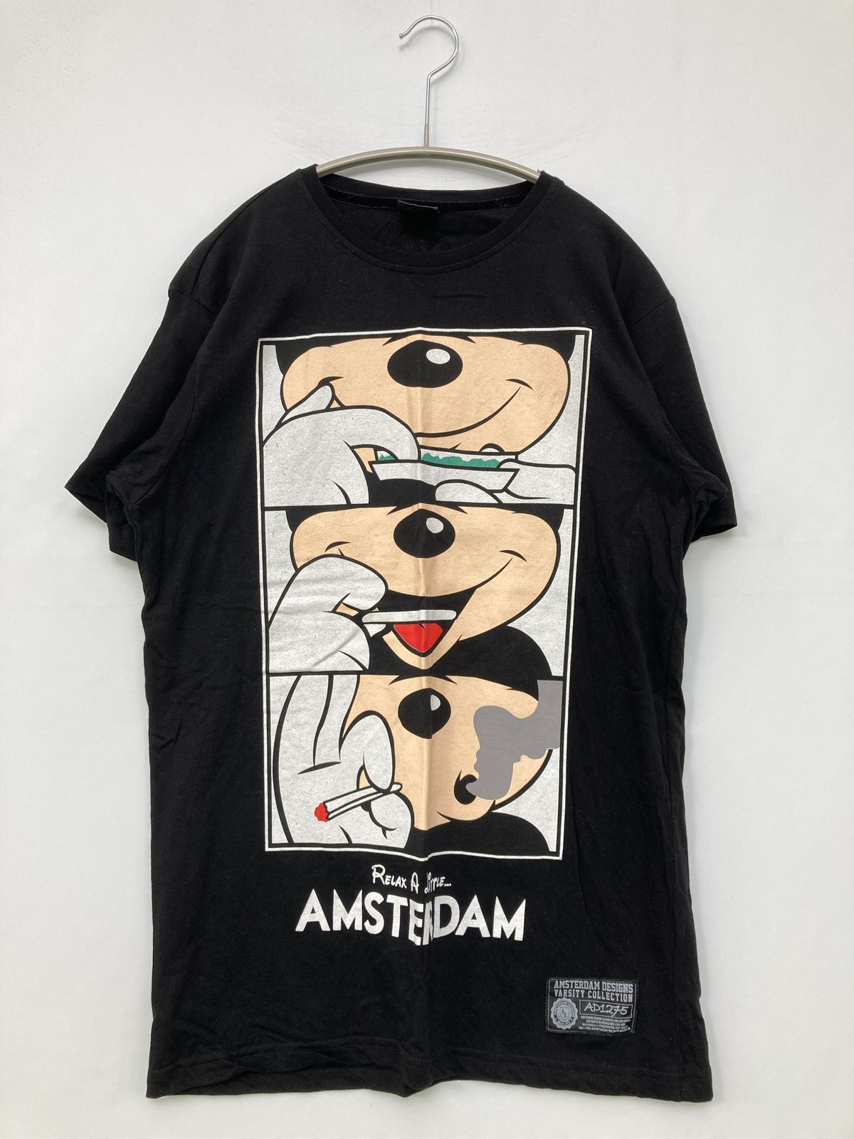AMSTERDAM DESIGNS Tシャツ/カットソー S ブラック 前面プリント バックプリント ミドル丈 半袖 クルーネック(丸首)