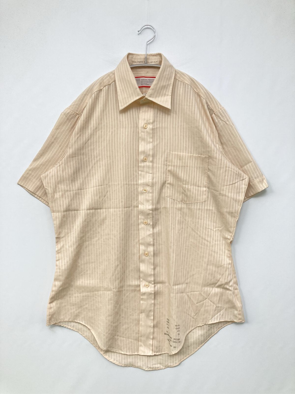 Sears シアーズ シャツ/ブラウス 15 1/2 ベージュ コットン 無地 ストライプ柄 ミドル丈 半袖 レギュラーカラー