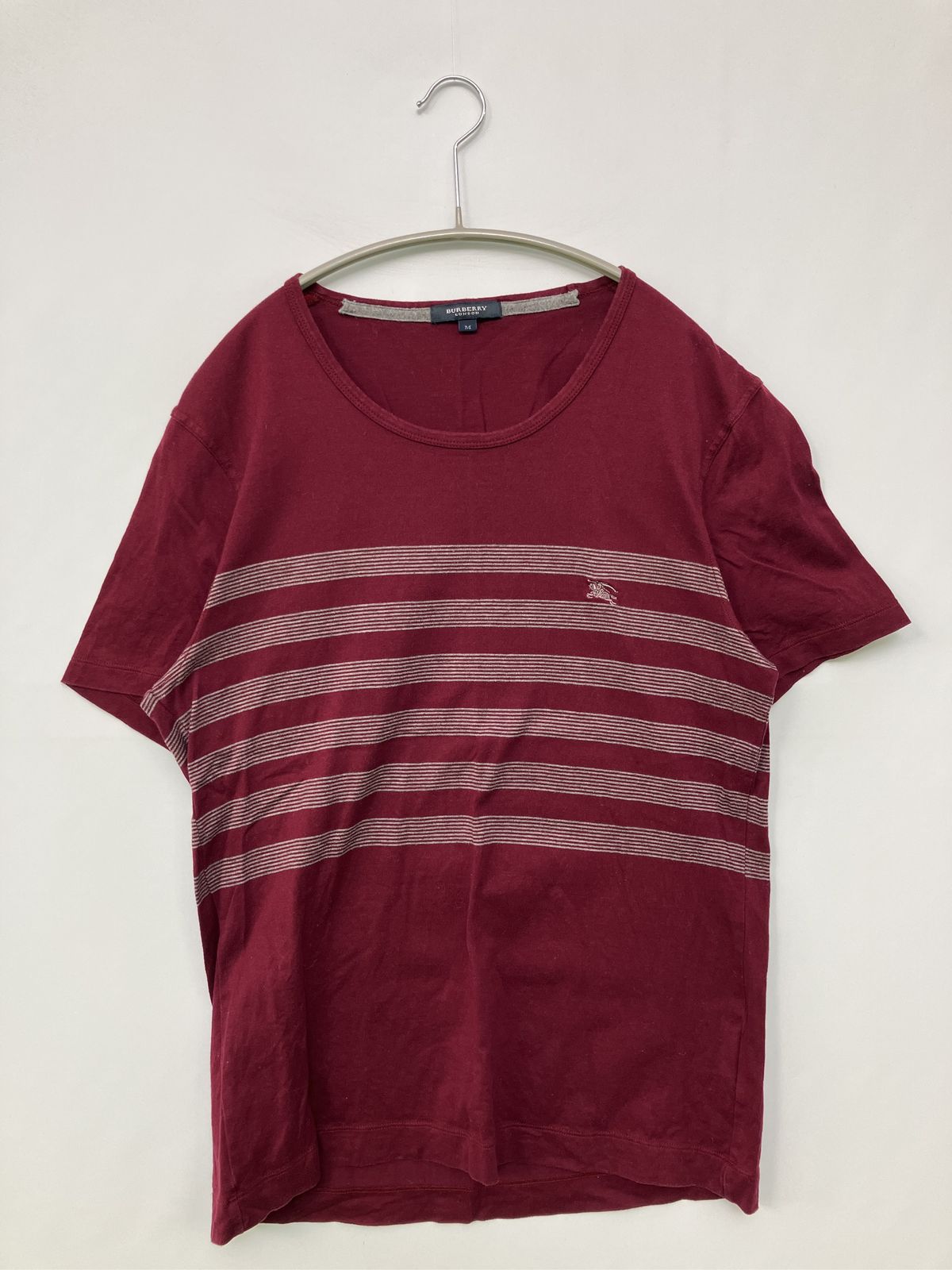 BURBERRY LONDON バーバリーロンドン Tシャツ/カットソー M レッド ボーダー柄 ワンポイント ブランドロゴ ミドル丈 半袖 クルーネック(丸首) Uネック