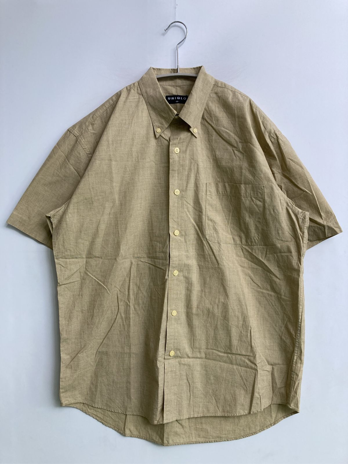 UNIQLO ユニクロ シャツ/ブラウス M ベージュ コットン 無地 ロング丈 半袖 ボタンダウン 4,254円