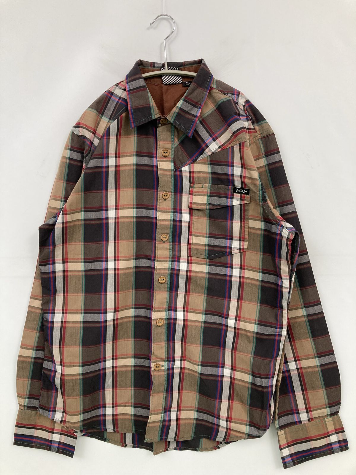 VOLCOM ボルコム シャツ/ブラウス S ブラウン コットン チェック柄 ワンポイント ブランドロゴ ミドル丈 長袖 レギュラーカラー