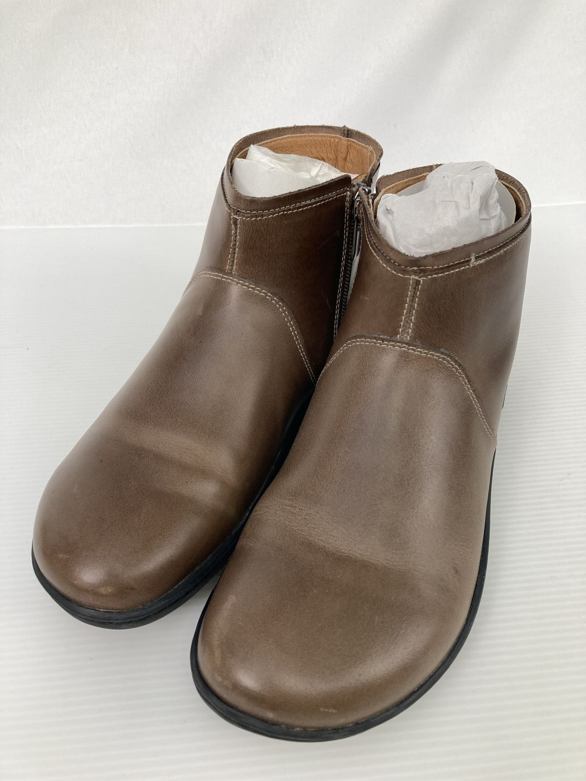 BIRKENSTOCK ビルケンシュトック ブーツ 38 ブラウン レザー・本革 無地 ラウンドトゥ ショート ジップアップ フラット プレーントゥ