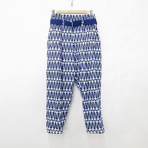 イッセイミヤケ ISSEY MIYAKE パンツ テーパード ロング 総柄 ハイウエスト ベルト 青 白 ブルー ホワイト 1