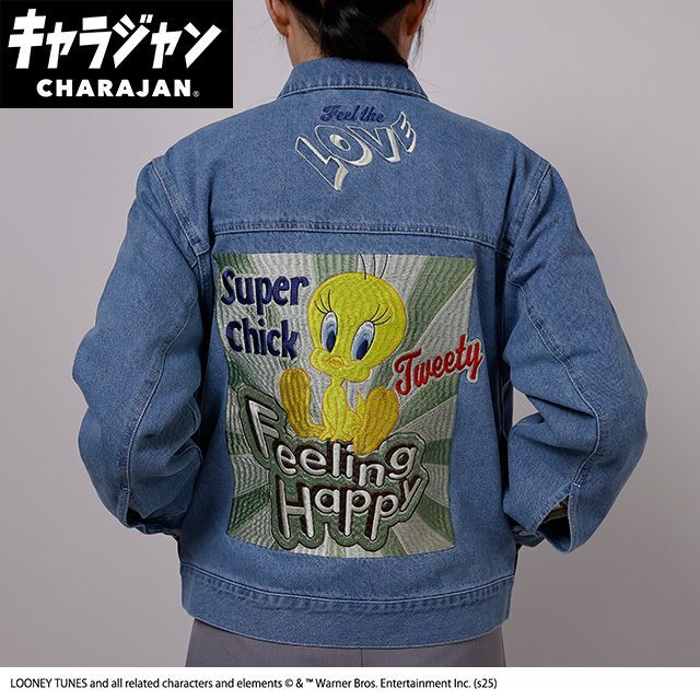 ルーニー・テューンズ「ハッピー トゥイーティー」キャラジャン ジージャン M L 3L デニム ジャケット Gジャン レディース アウター コート ゆったり デニムジャケット メンズコート メンズジャケット トラックジャケット 柔らか トップス カジュアル
