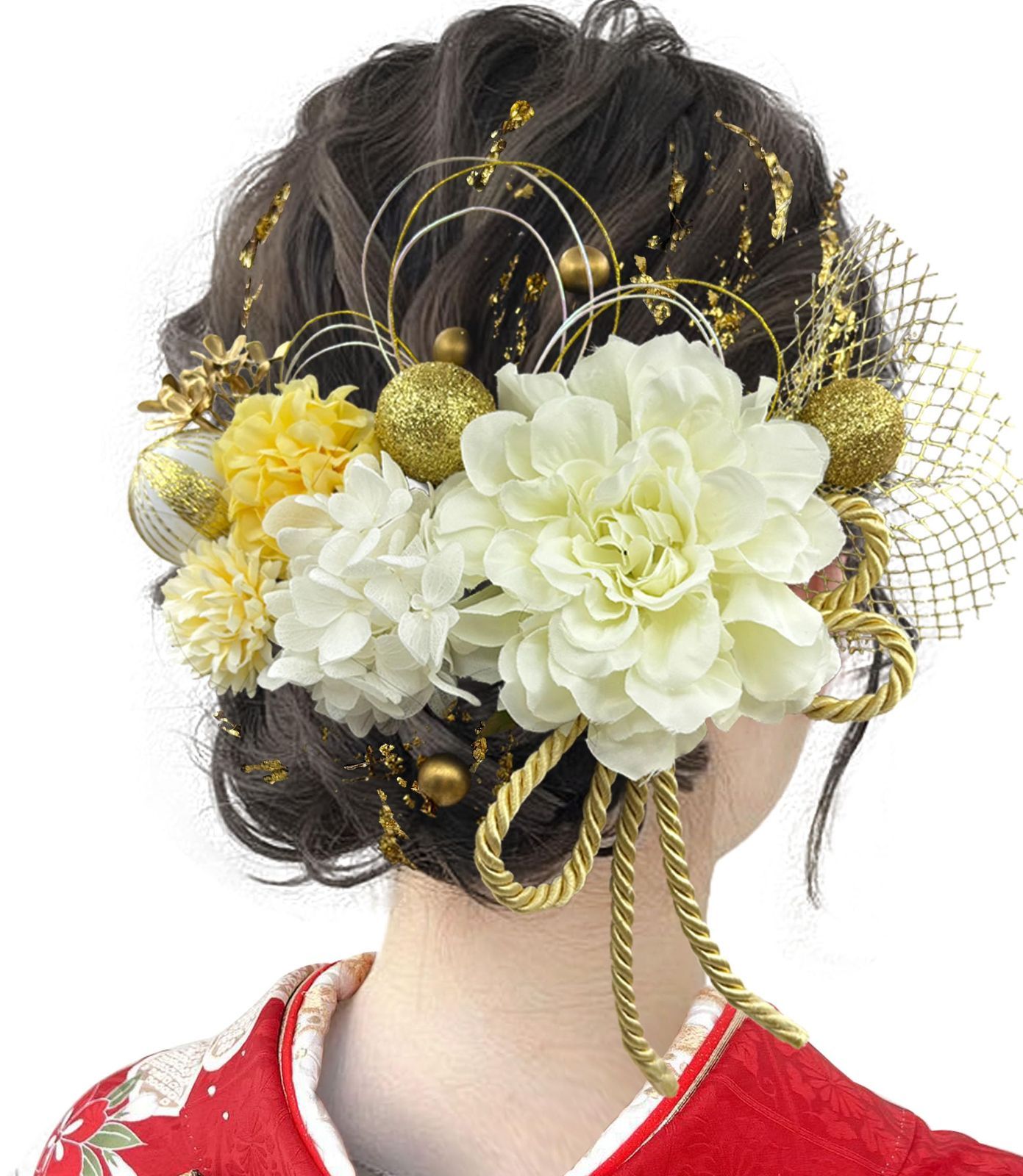 特価 水引 ヘッドパーツ ゴールド 振袖 赤 着物 和玉 卒業式 ヘアアクセサリー 七五三 造花飾り 浴衣 かすみ草 袴 あじさい 結婚式用 ダリア 手作り ドライフラワー 専用ケース付き 髪飾り Y3330 成人式