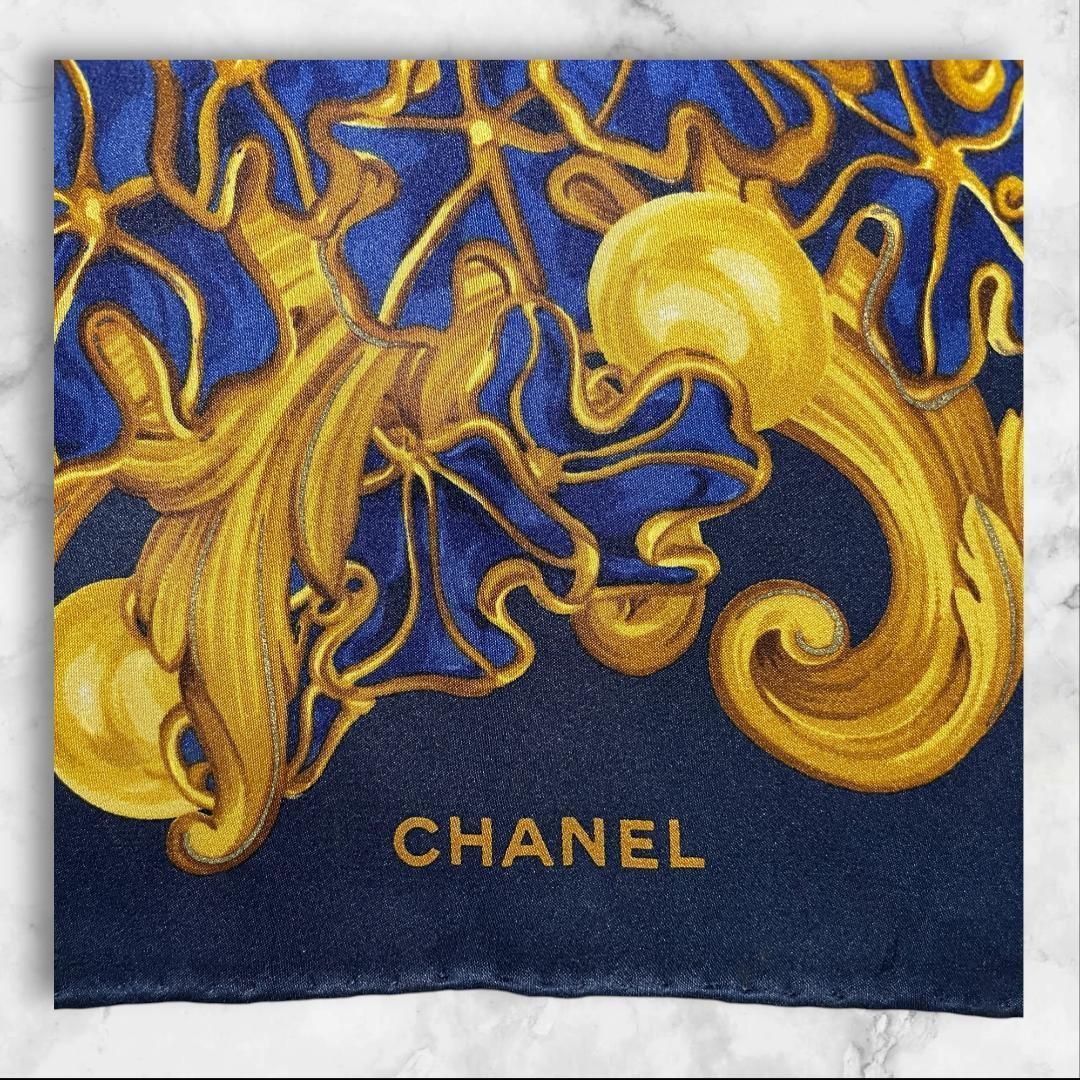 CHANEL シルクスカーフ 大判 96×96 ネイビー×ゴールド イタリア製