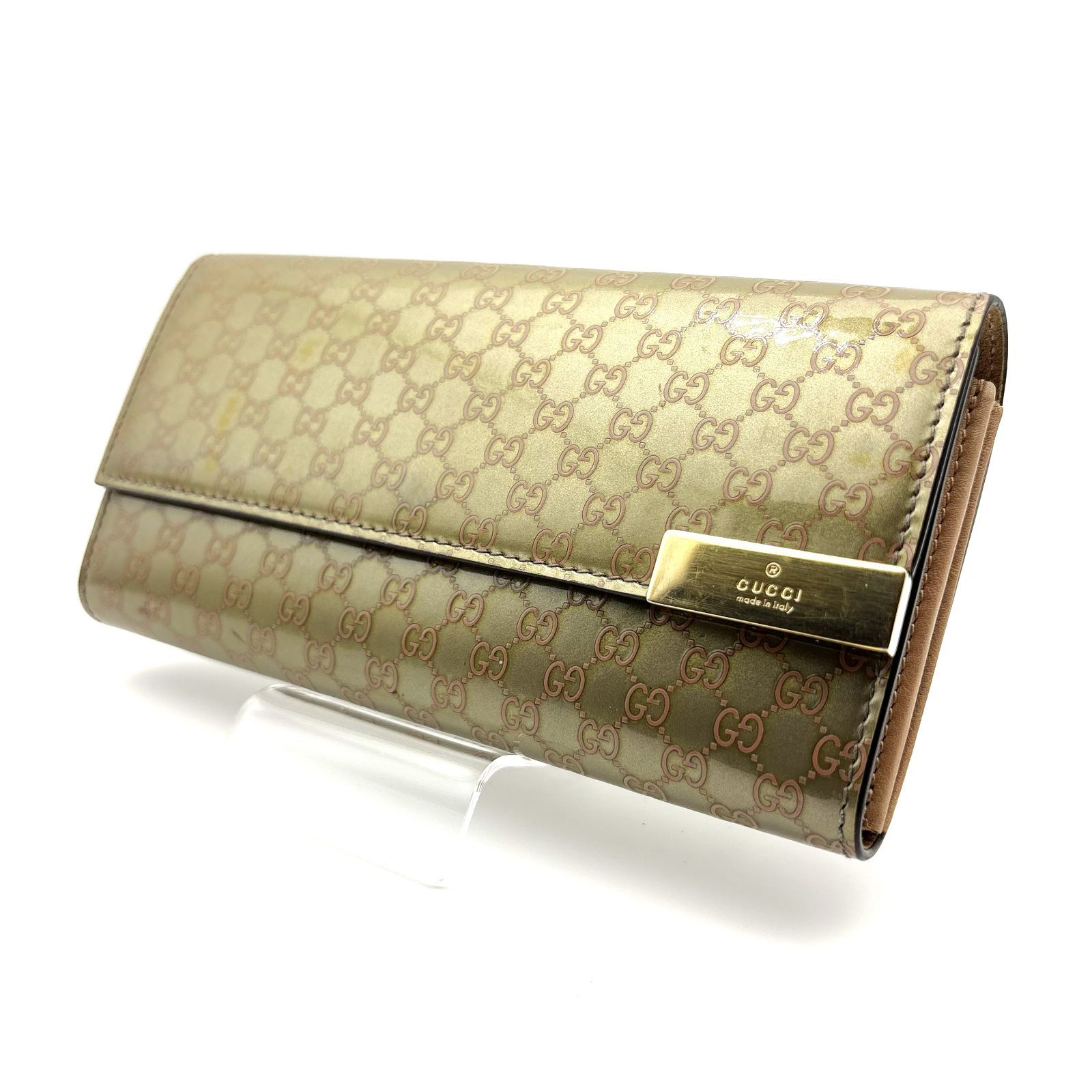 【 美品 】GUCCI　グッチ　GGシマ　ダイスロゴ　長財布　エナメル　レザー　ゴールド