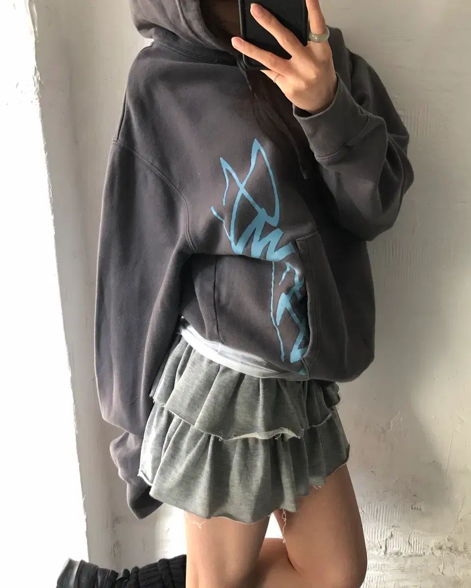 STUSSY ステューシー チャコール COLOR サイド レタリング ロゴ フード Tシャツ