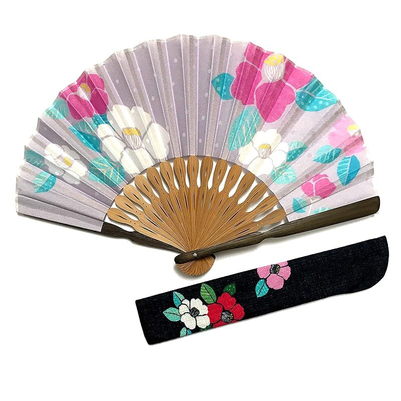 【新品】 [花かんざし] 扇子 レディース せんす 丸型 扇子袋セット ケース入り せんす入れ付き 椿 つばき 花柄 女性用 婦人用 紺 おしゃれ かわいい 21 カメリア (グレー)