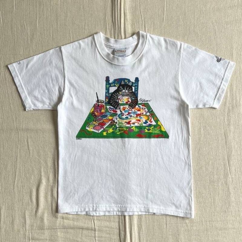 90s　vintage　crazy shirt　クレイジーシャツ　クリバンキャット　キャラクター　全面アートグラフィックプリント　袖ロゴ　お絵描き猫　絵具　白Tシャツ　短丈ピチT　タイト　M　一点物　Y2K　個性派　cat character print-T