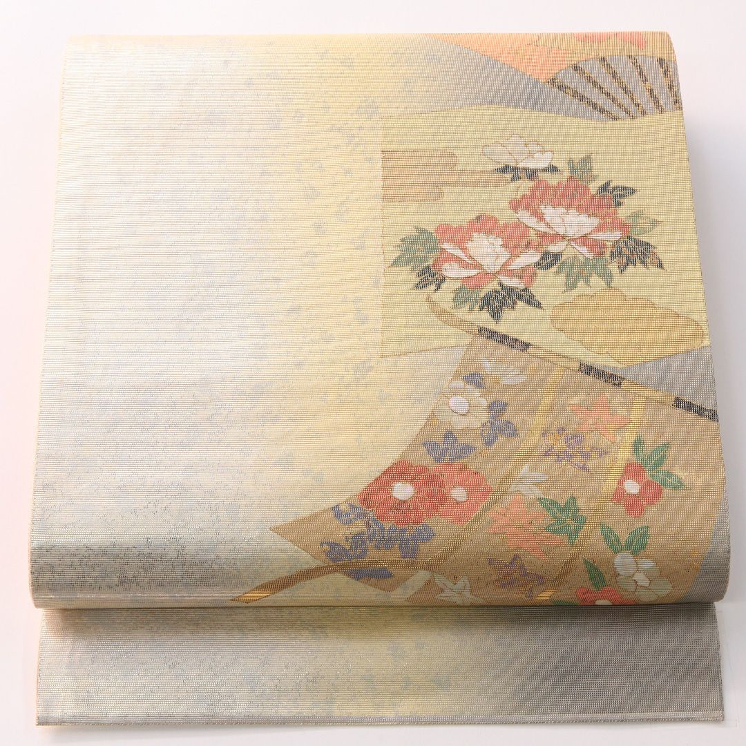 袋帯 帯丈448cm 正絹 ポイント柄 フォーマル 几帳 芙蓉 螺鈿 引箔 クリーム系 1243-02407