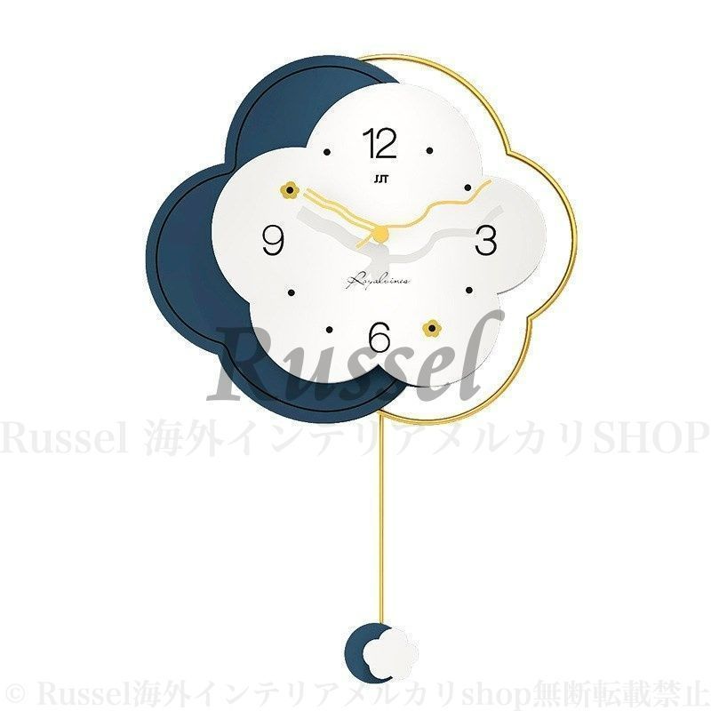 花 フラワー ホワイト ネイビー クロック 掛け時計 見やすい文字盤 リビング おしゃれ インテリア 静か アナログ時計 振り子時計 電池 静音