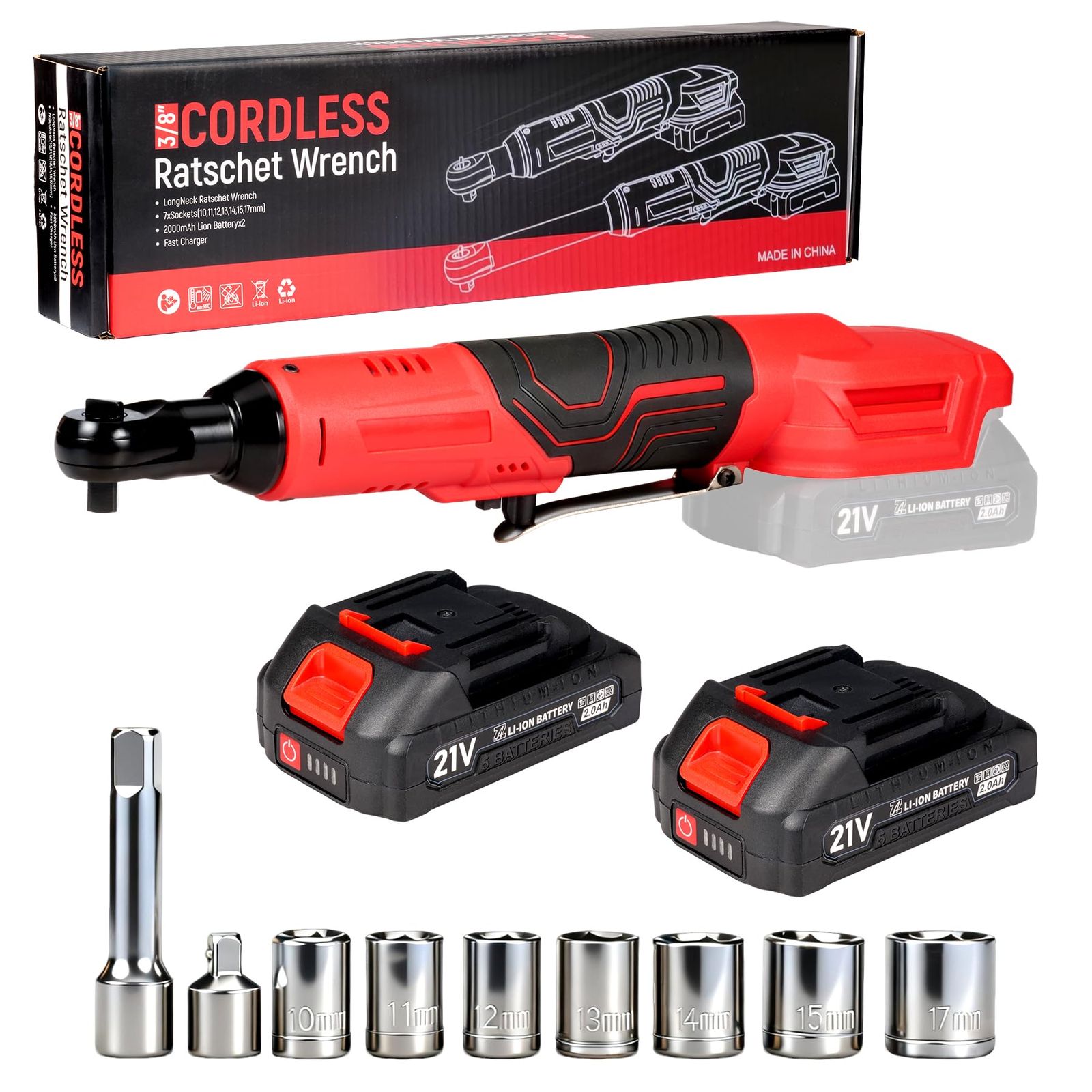 21V ブラシレス電動ラチェットレンチセット、3/8インチドライブ、85N・mトルク、2.0Ahバッテリー×2、急速充電器、9ピースソケットセット付属、LED照明付きkk
