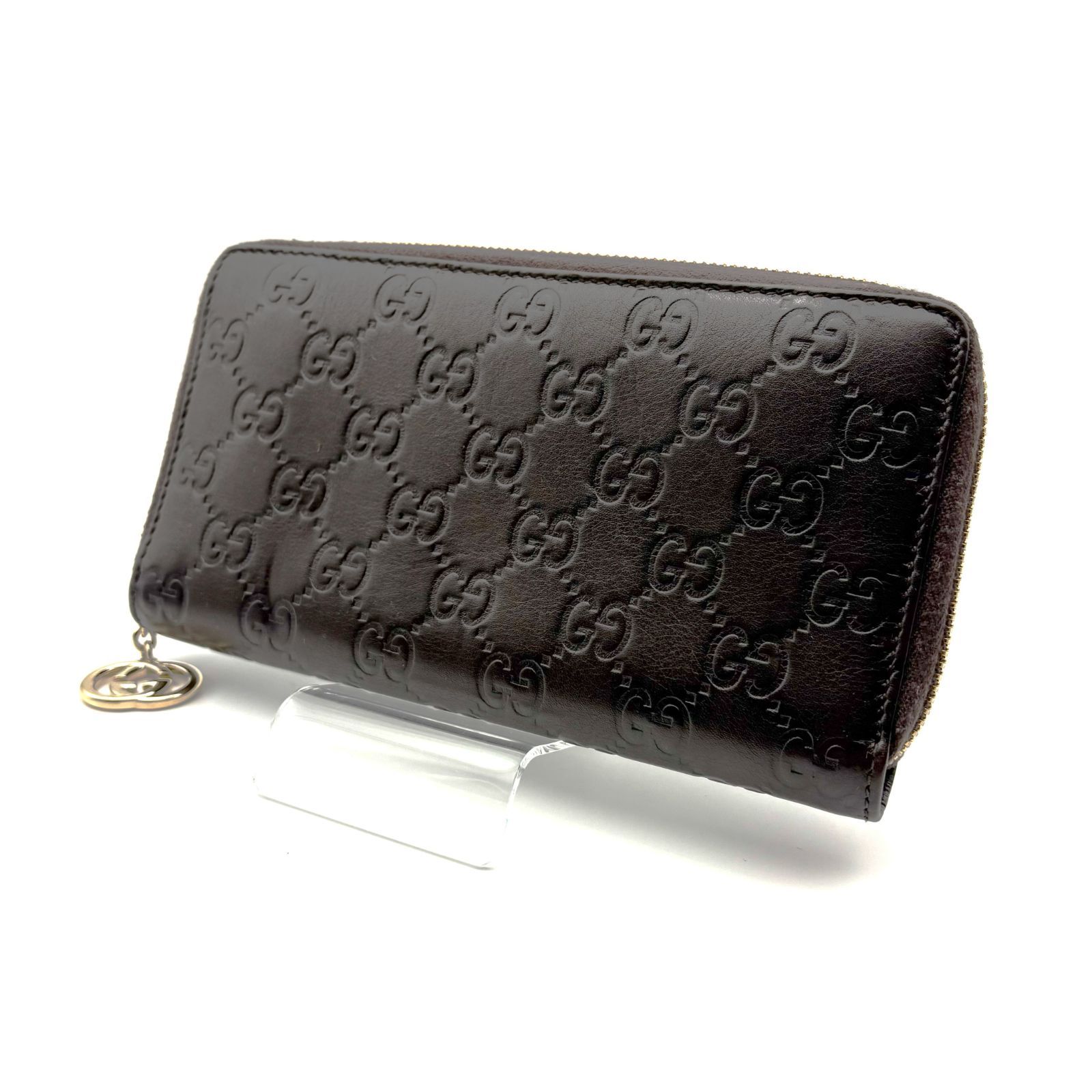 美品 GUCCI グッチ 長財布 ラウンドジップ GG シマレザー ブラック 美品 】GUCCI グッチ GGシマ ラウンドジップ 長財布 レザー ブラウン