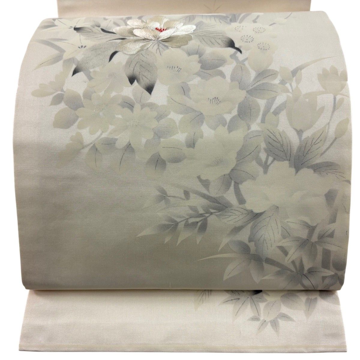k2k  上品金糸刺繍　短冊花模様　グレーまだら灰　正絹　1HH72 開き名古屋帯 優品 関西仕立て 草花 枝花 銀糸 刺繍 クリーム 正絹