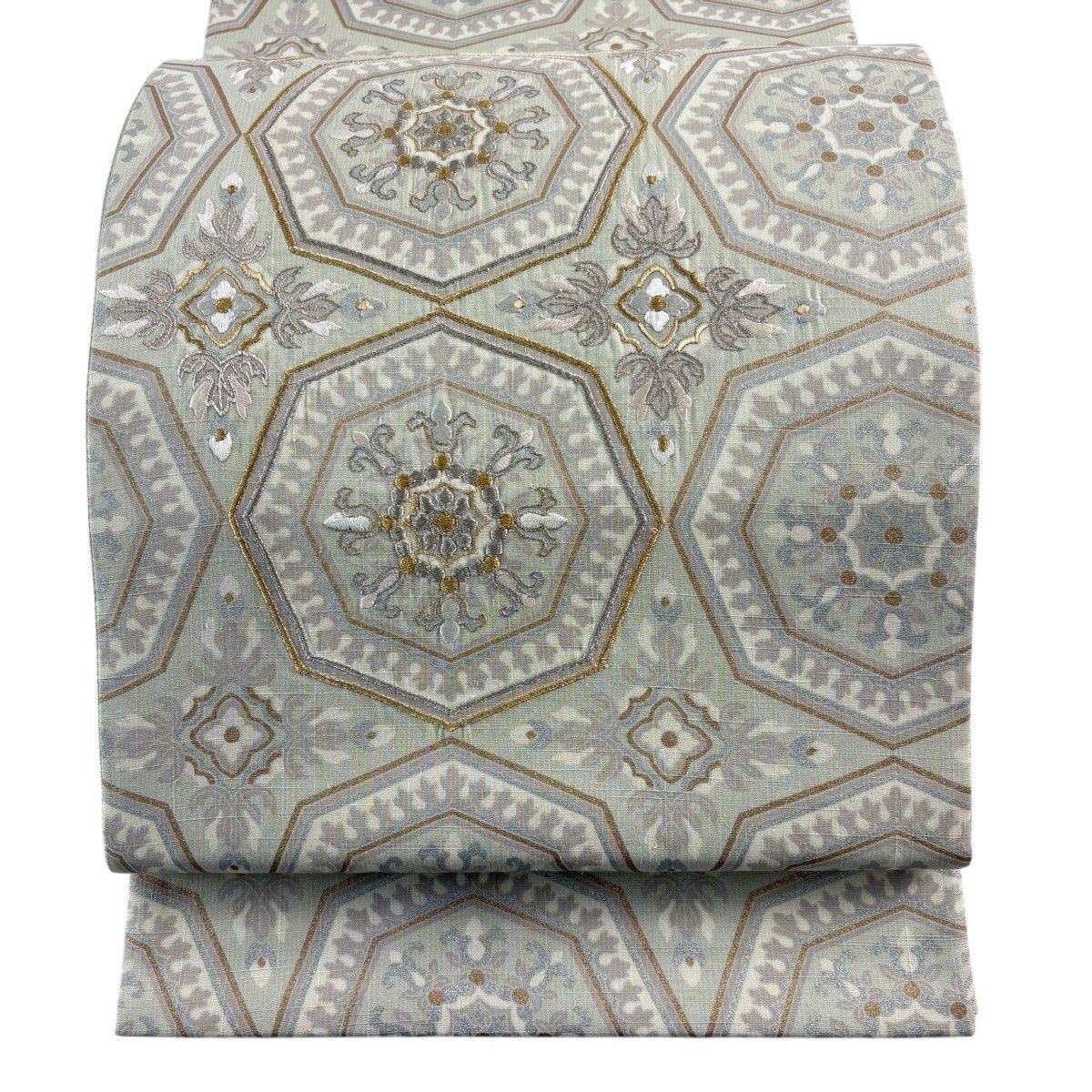 【美品】 袋帯 名品 紬地 華文 花菱 金銀彩 金銀糸 灰緑 お太鼓柄 正絹 【中古】