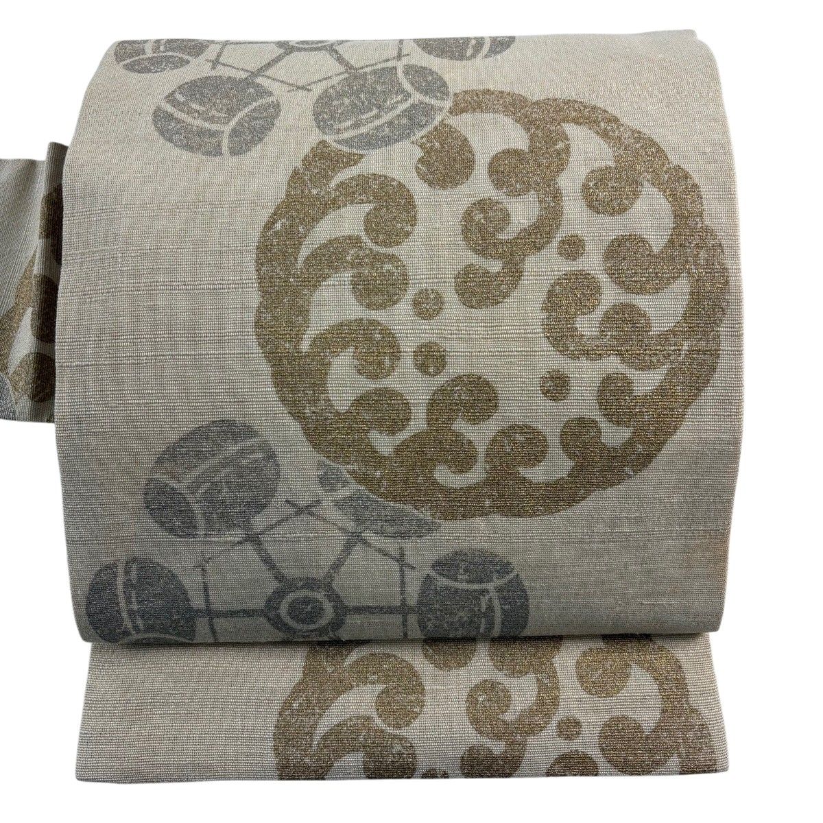 【美品】 名古屋帯 名品 花井幸子 落款 紬地 波頭 槌車 金銀彩 ベージュ 正絹 【中古】