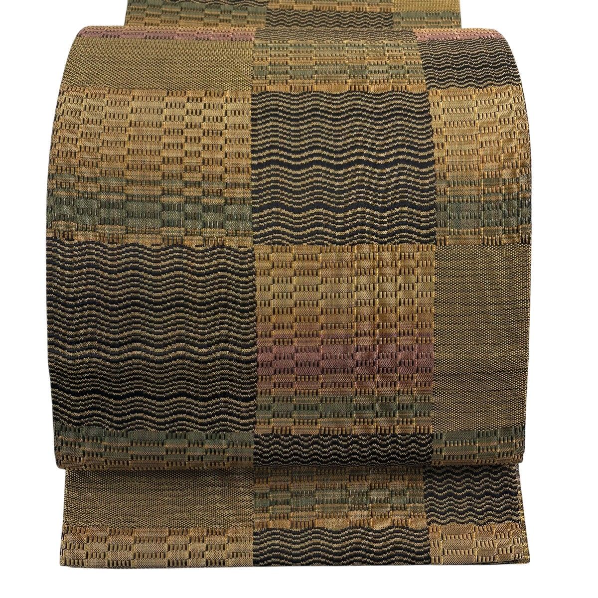 【美品】 袋帯 名品 落款 変わり市松 幾何学模様 茶色 全通 正絹 【中古】