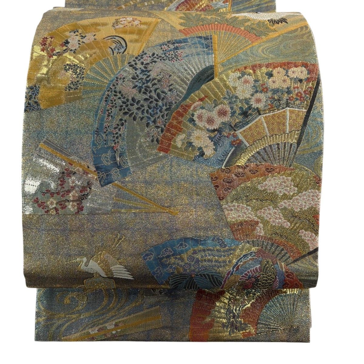 【美品】 袋帯 名品 落款 徳川美術館秘蔵 能楽百扇 24金プラチナ三重箔 薄緑 全通 正絹 【中古】