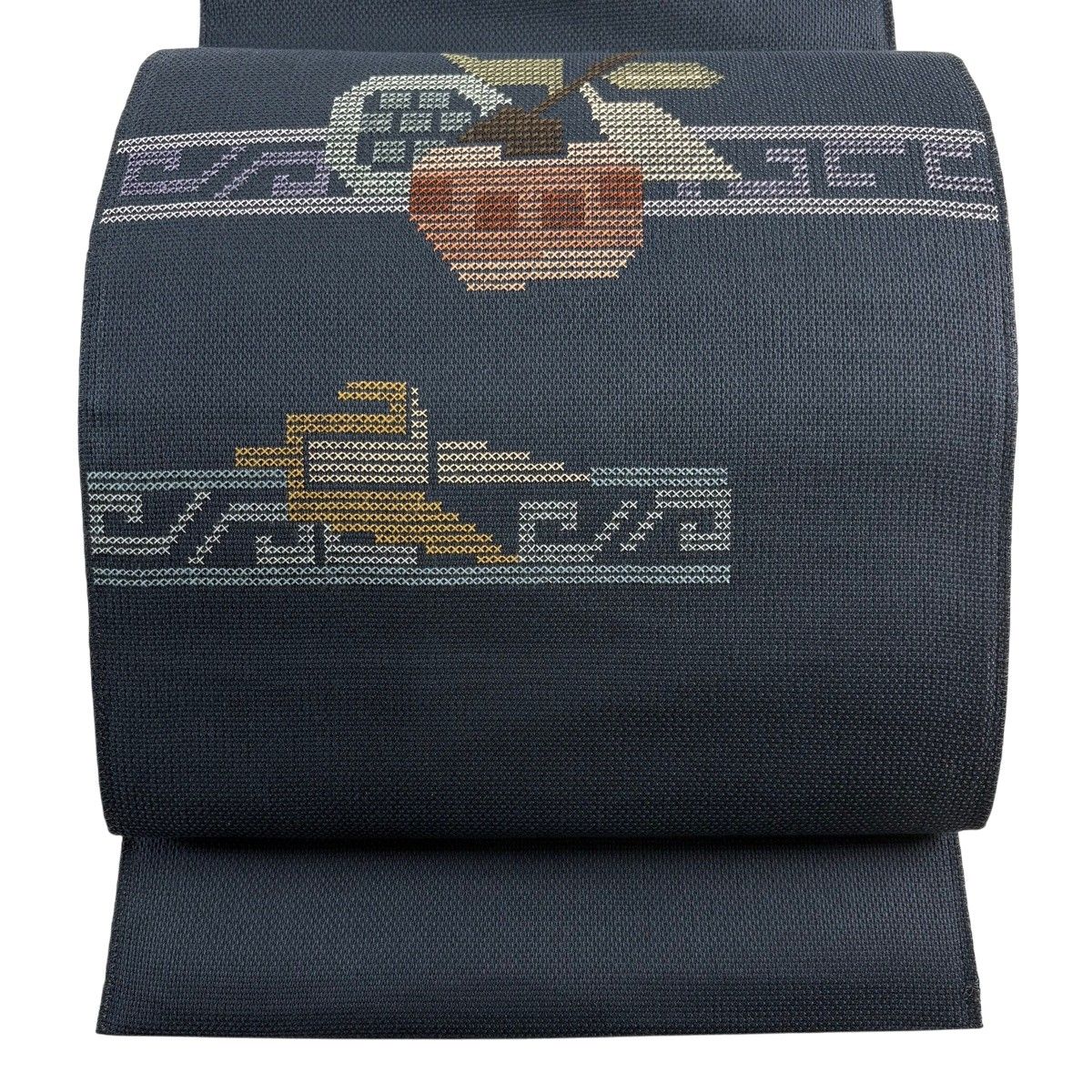 名古屋帯 名品 八寸名古屋帯 松葉仕立て 幾何学模様 刺繍 藍色 正絹 【中古】