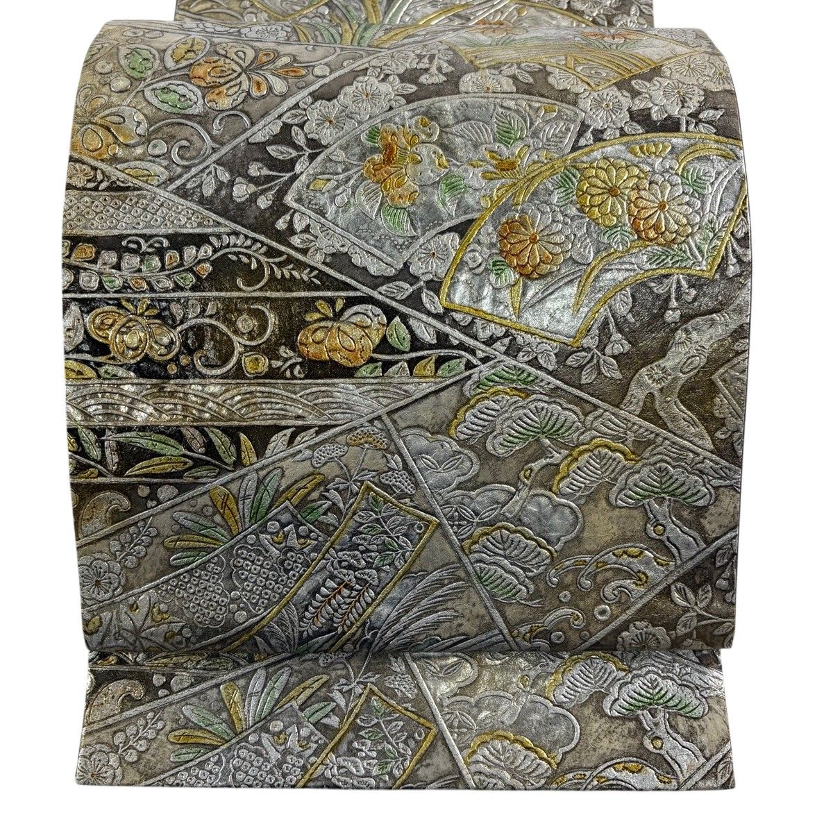 【美品】 袋帯 名品 扇面 草花 金銀彩 灰茶 六通 正絹 【中古】