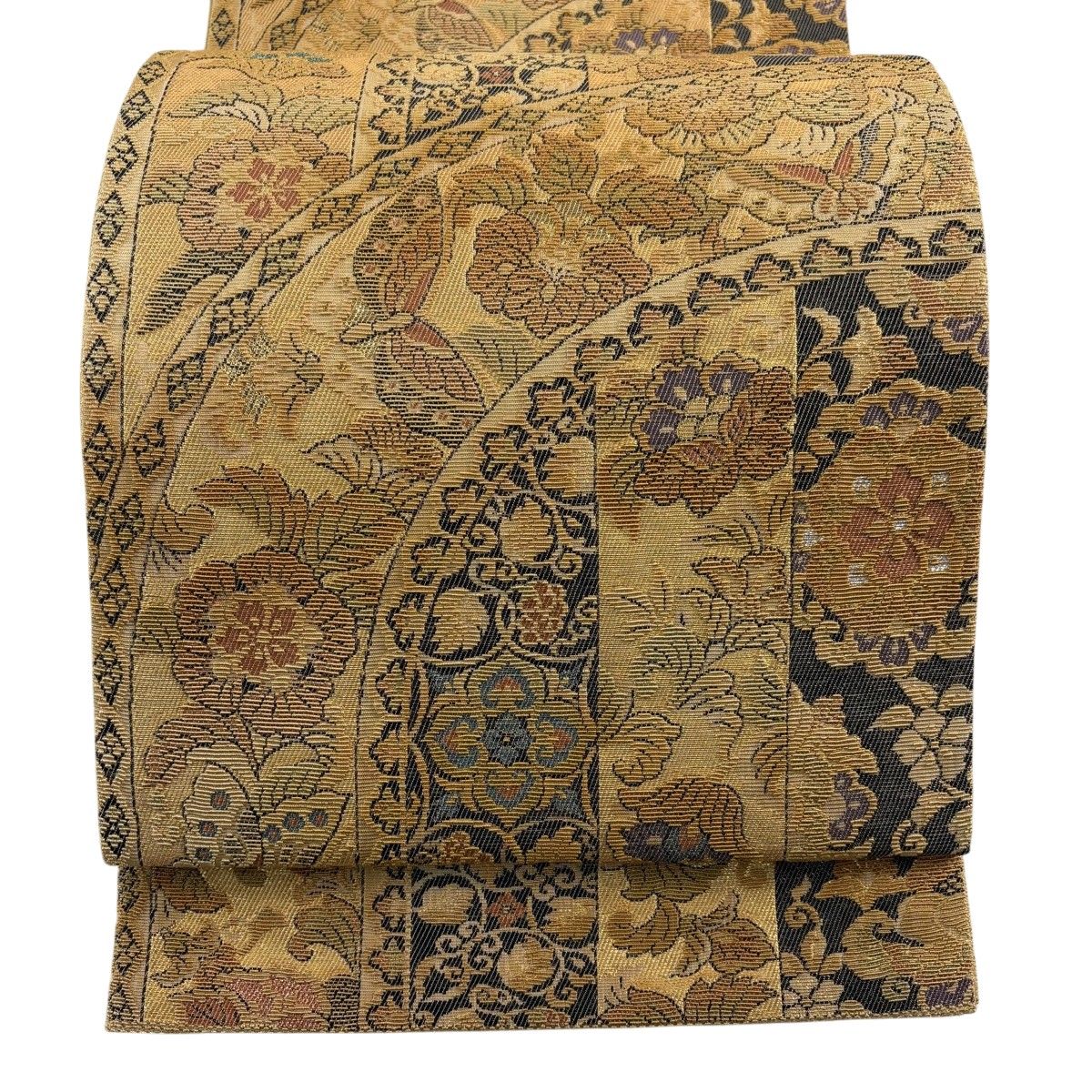 【美品】 袋帯 名品 更紗 手織 草花 蝶 金糸 本金箔 金色 六通 正絹 【中古】