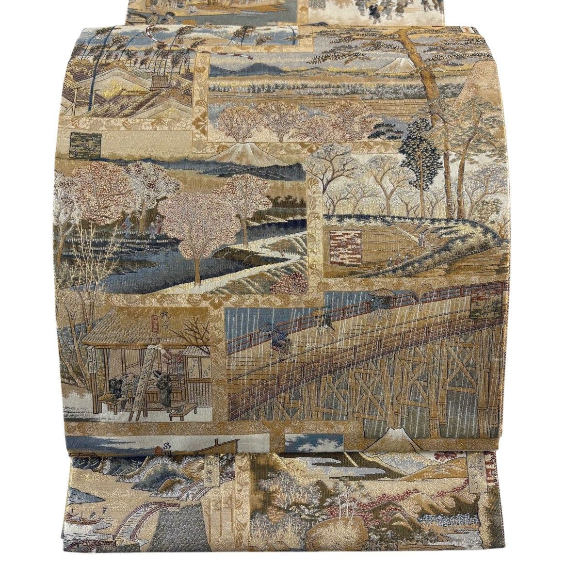 【美品】 袋帯 名品 美国路織 風景 人物 箔 金色 お太鼓柄 正絹 【中古】
