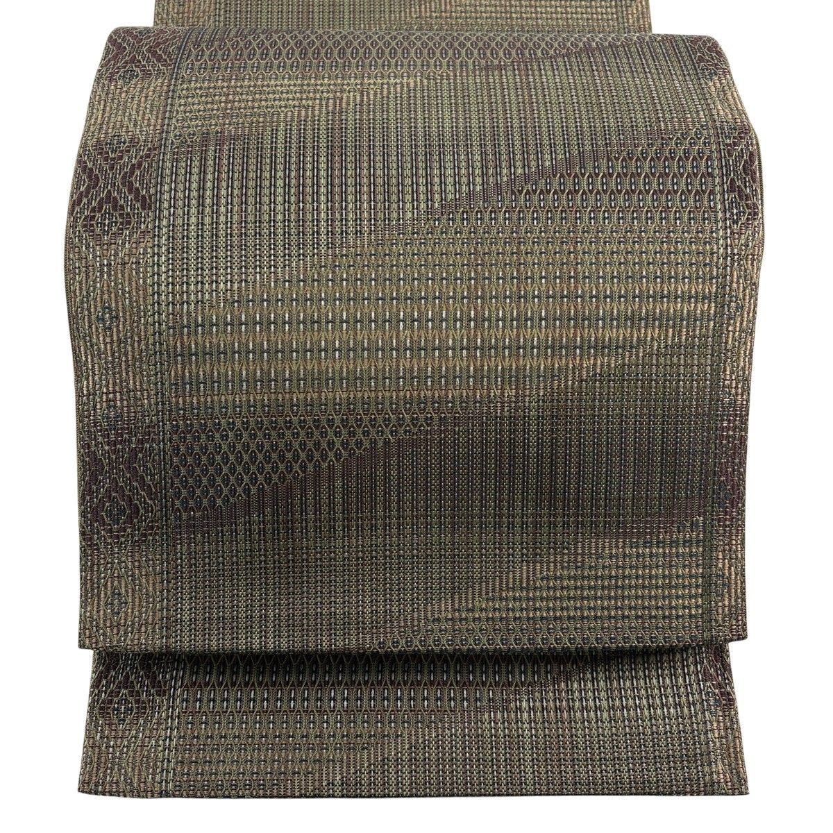 【美品】 袋帯 名品 縞 幾何学模様 茶緑色 全通 正絹 【中古】