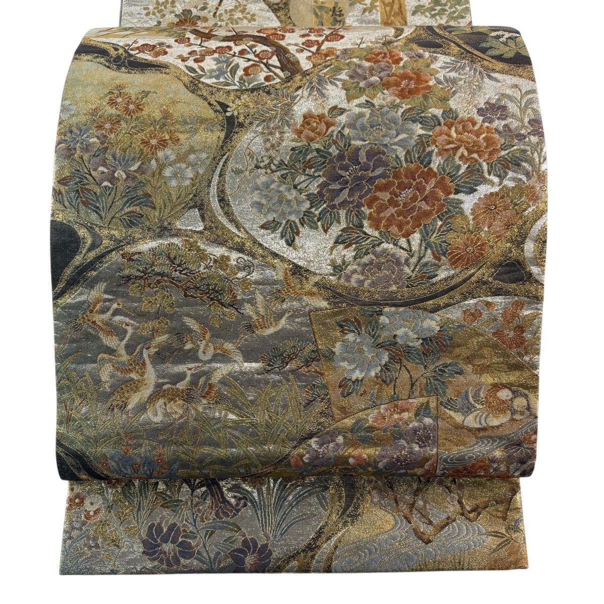 【美品】 丸帯 名品 琳派流水名勝図 草花 色紙 箔 金糸 銀色 お太鼓柄 正絹 【中古】