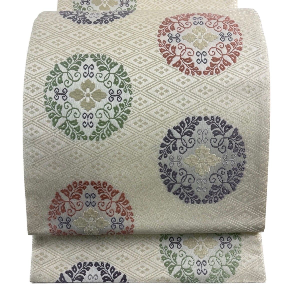 【美品】 袋帯 名品 有職八藤丸文 クリーム 六通 正絹 【中古】