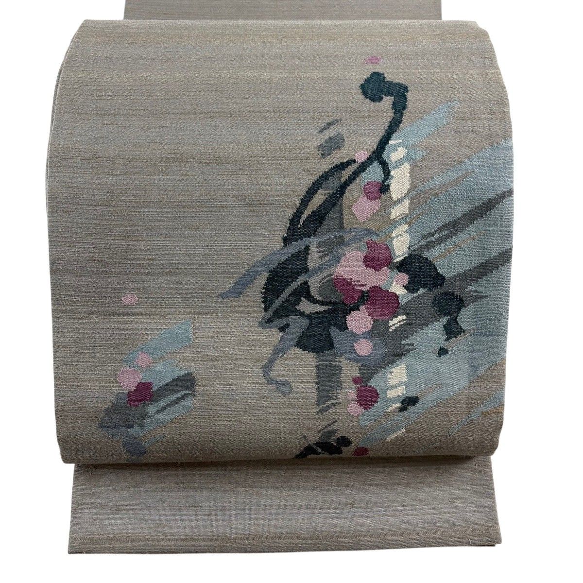 【美品】 袋帯 名品 丹下雄介監修 幾何学模様 青灰色 お太鼓柄 正絹 【中古】