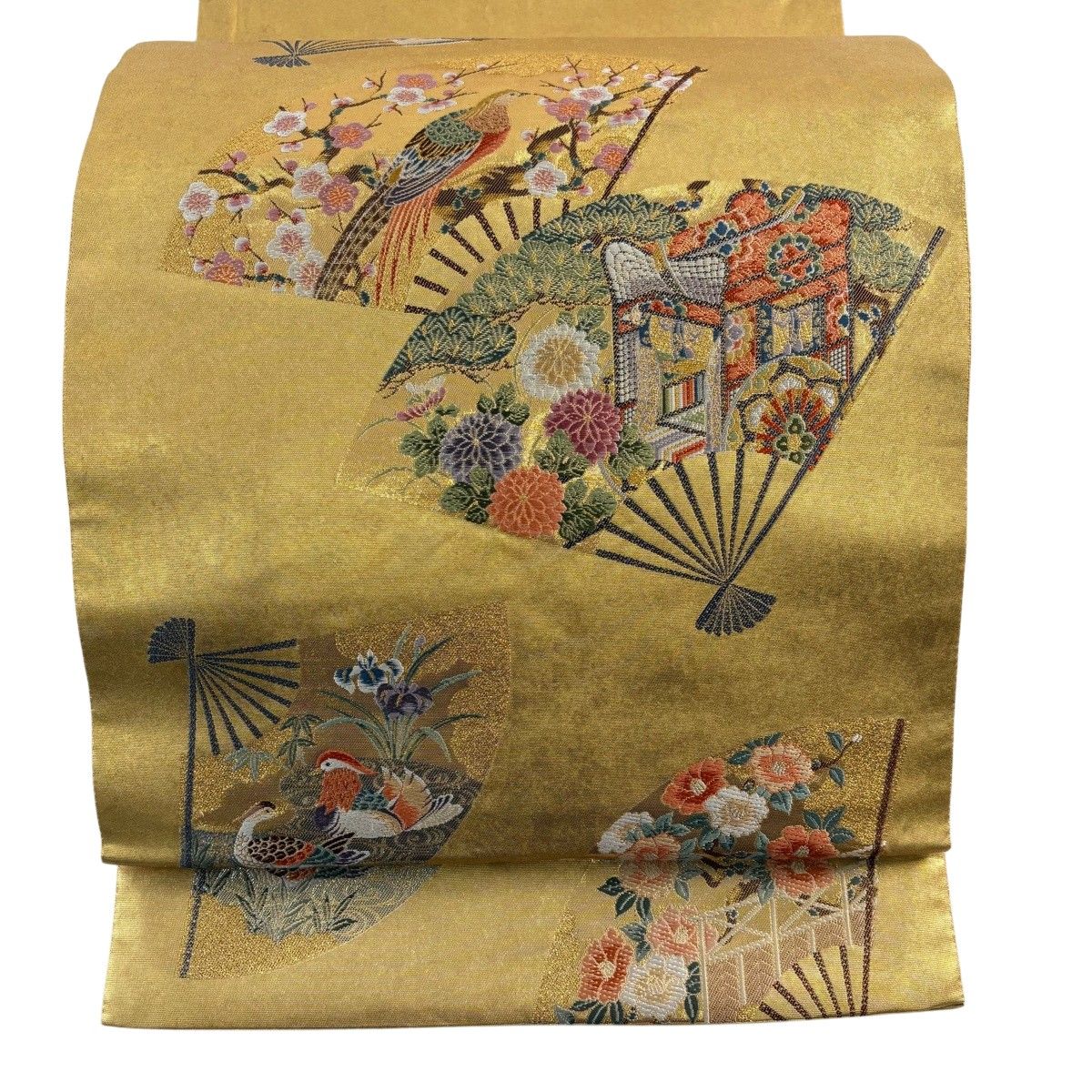 【美品】 袋帯 名品 長嶋成織物 落款 瀞金錦 扇 花鳥 箔 金糸 金色 お太鼓柄 正絹 【中古】
