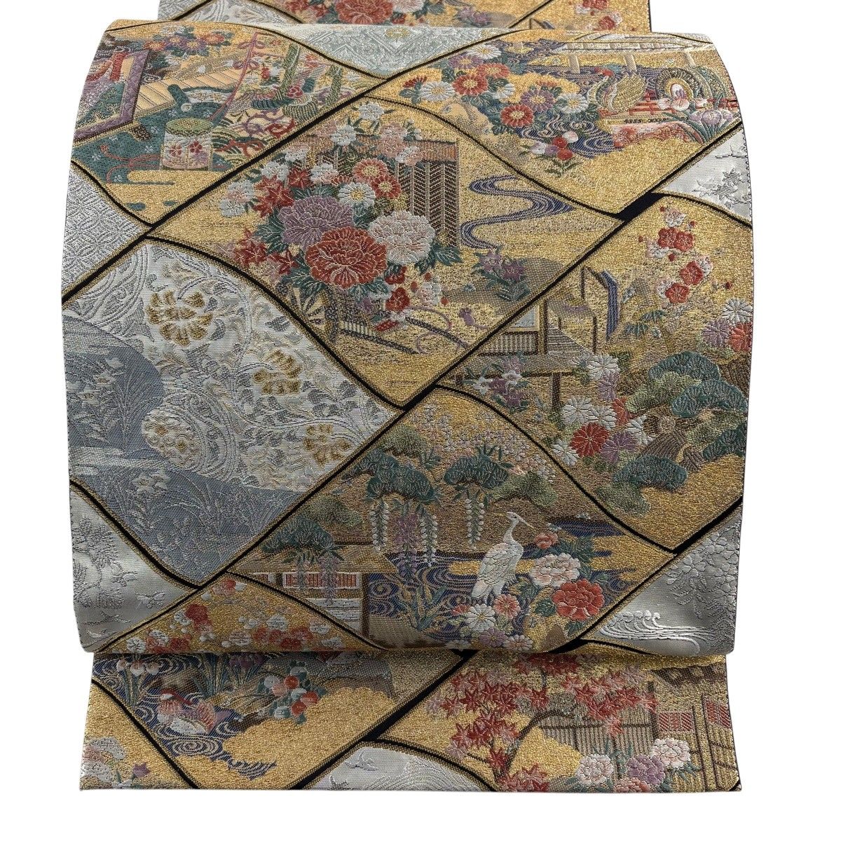 【美品】 袋帯 名品 瓦 花鳥 金銀糸 箔 金色 六通 正絹 【中古】 11,692円