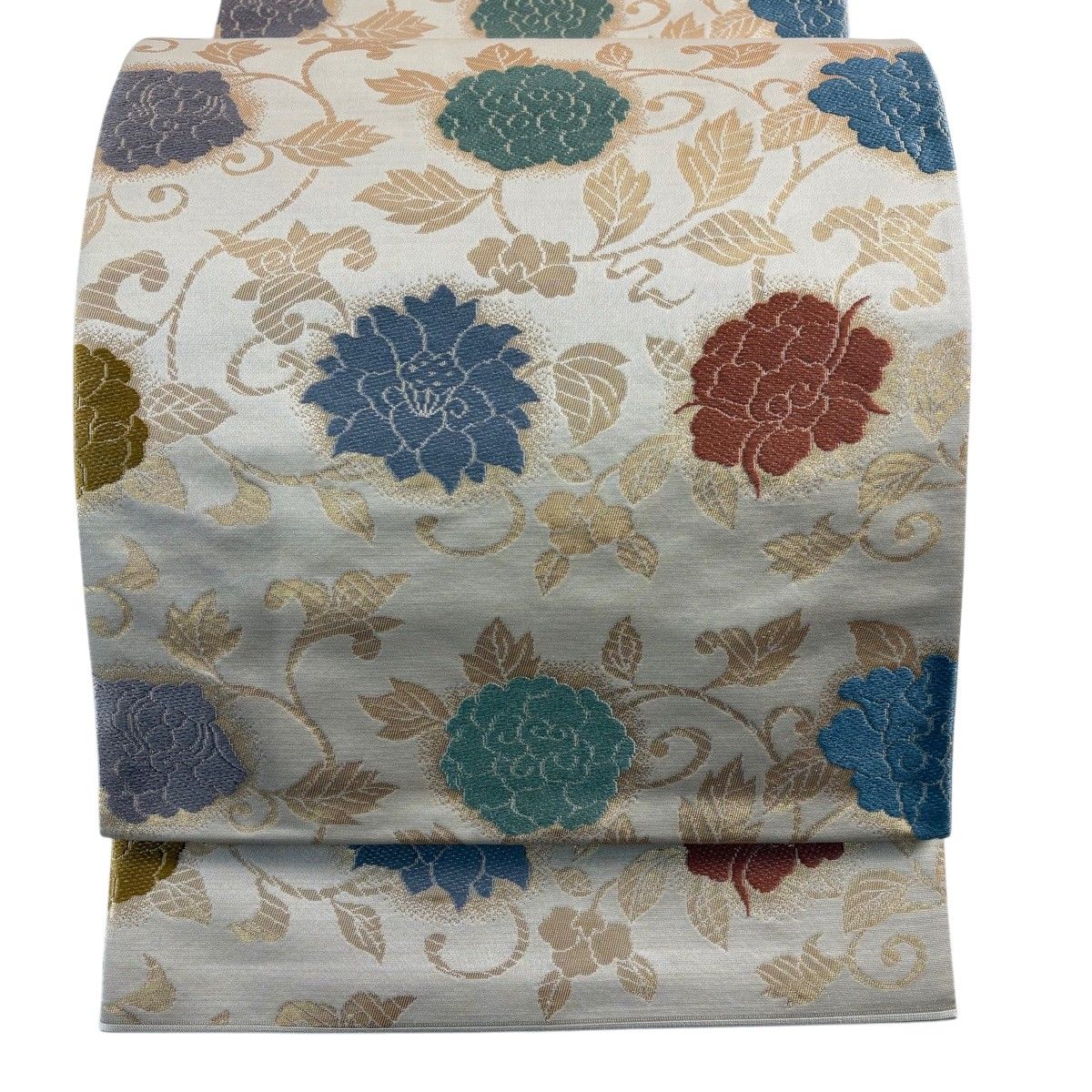 【美品】 袋帯 名品 祥園 落款 花唐草 箔 ベージュ 六通 正絹 【中古】